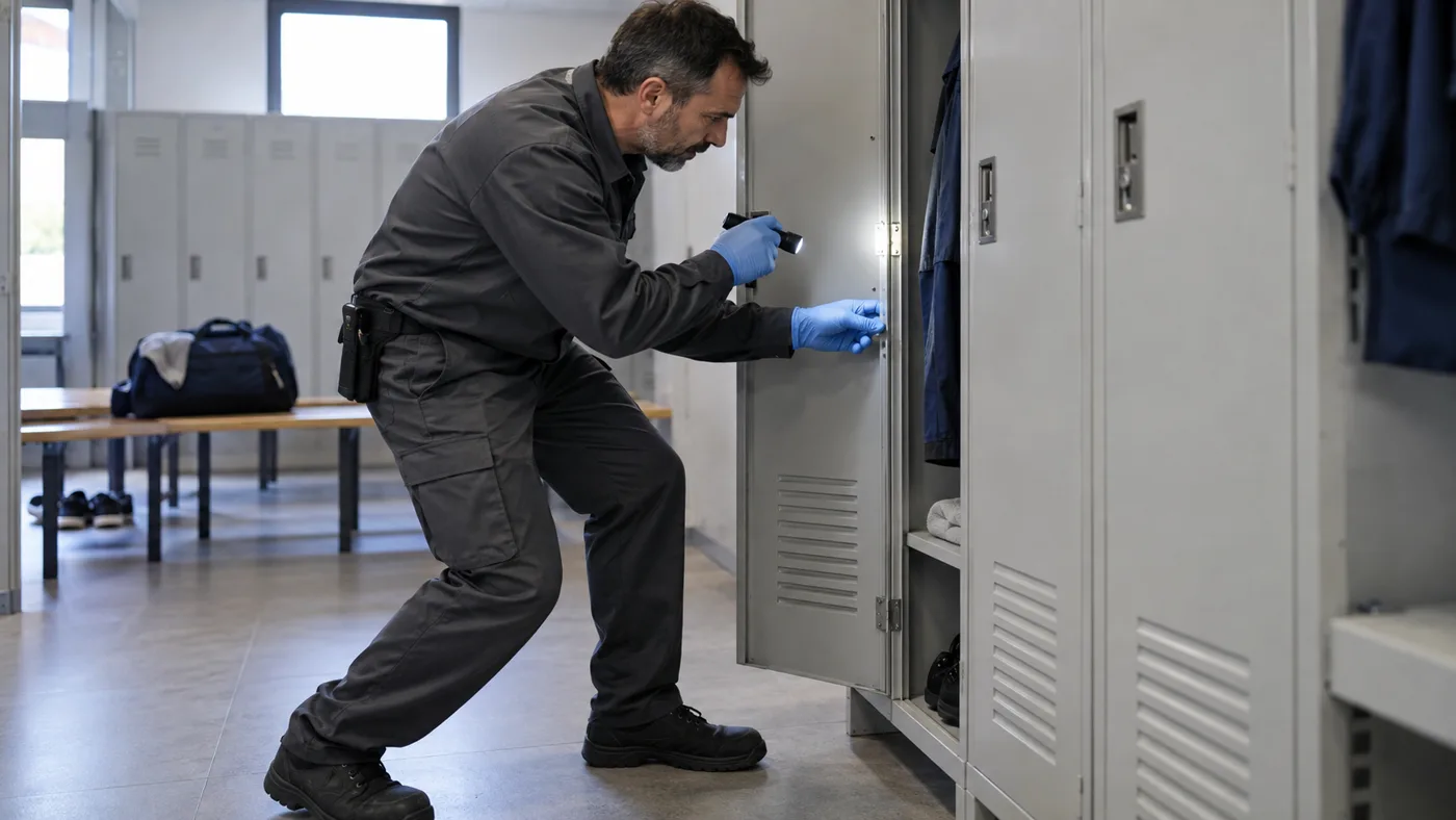 Técnico inspeccionando con linterna una taquilla de vestuario en La Llagosta