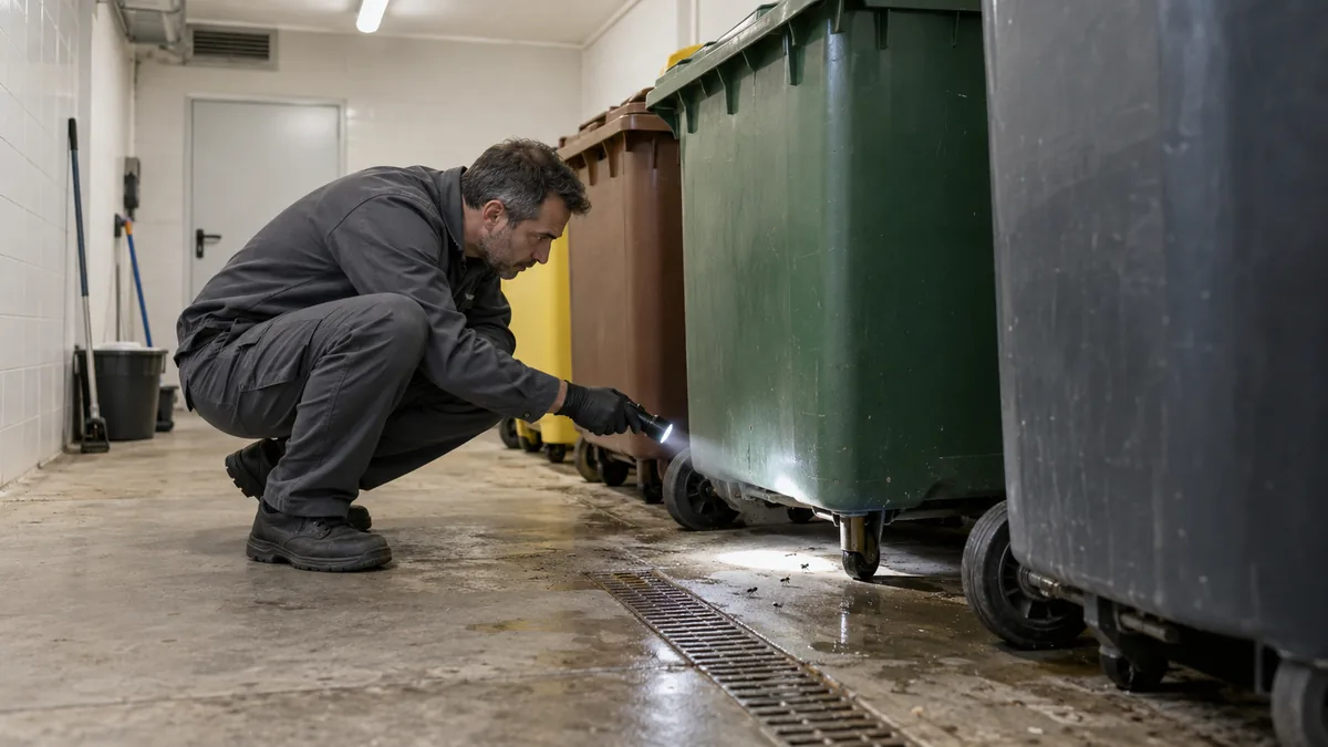 Técnico inspeccionando el suelo y los contenedores de un cuarto comunitario de residuos en La Llagosta